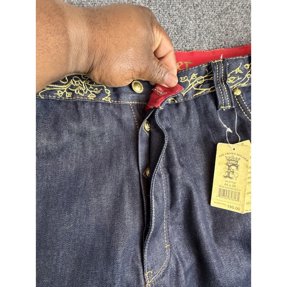 Crown Holder Men's Jeans 44x35 Embroidered Graphic Pockets Dark Wash Denim Flaw - Picture 8 of 13